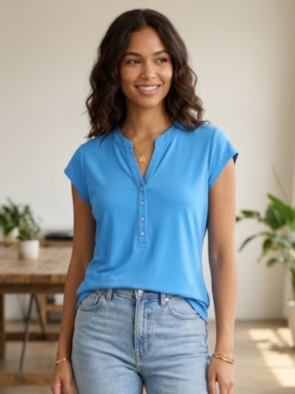 Calvin Klein Azure Buttoned Short Sleeve Top Light Blue